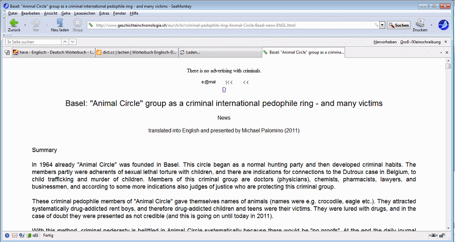 Webseite mit den Artikeln �ber den "Basler
                    Tierkreis" auf Englisch: <"Animal
                    Circle" group as a criminal international
                    pedophile ring - and many victims>