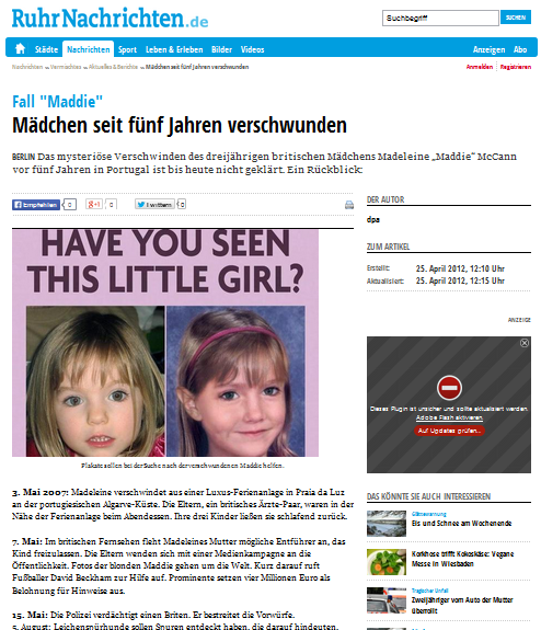 Maddie
                        blieb auch im Jahre 2012 verschwunden, hier die
                        Ruhr-Nachrichten