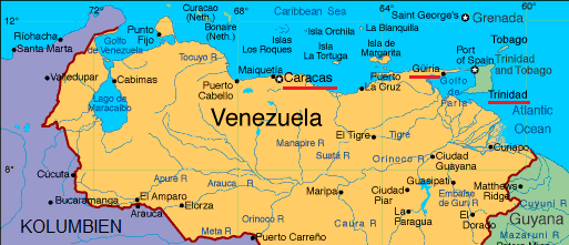 Karte von Venezuela
                          mit Caracas, Guiria sowie Trinidad und Tobago