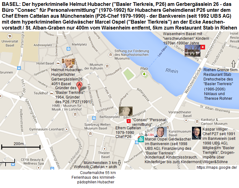 Karte mit dem
                          Zentrum von Basel mit Hubacher (Gerberg�sslein
                          26), Cattelan (Consec an der B�umleingasse 2),
                          Ospel (Bankverein, ab 1998 UBS AG an der
                          Aeschenvorstadt 1) und dem Waisenheim
                          (Theodorkirchplatz 7)