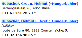 Adressen von
                                  Helmut Hubacher und seiner Ehefrau
                                  Hubacher-Hungerb�hler in Basel und in
                                  Courtema�che im Jura
