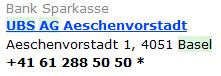 Die Adresse
                                  des Bankvereins (seit 1998 UBS AG) an
                                  der Aeschenvorstadt 1 in Basel, der
                                  Sitz der Generaldirektion mit dem
                                  Geldw�scher Martin Ospel, der dort
                                  auch die Finanzierung des "Basler
                                  Tierkreis" mit Kinderkauf,
                                  Kindsmissbrauch, Kinderfolter und
                                  Kindst�tung abwickelt