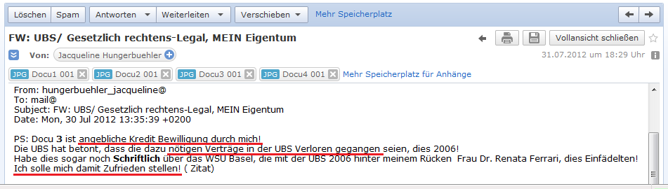 E-Mail von H. vom
                            31. Juli 2012: Die UBS AG hat einen Kredit
                            von H. an Niklaus Rohner erfunden