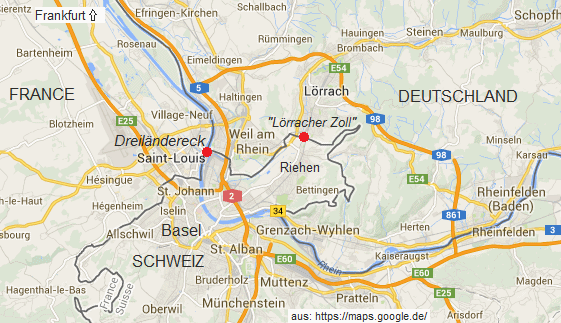 Karte mit Basel, Riehen und
                L�rrach mit dem "L�rracher Zoll" (google
                maps): Am L�rracher Zoll werden durch die UBS AG
                deutsche Steuerfl�chtlinge "in Empfang"
                genommen...