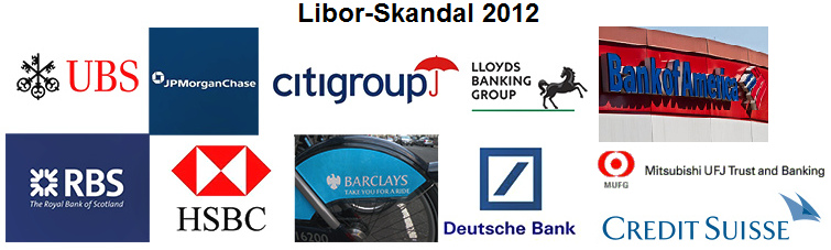 Am Libor-Skandal
                        beteiligten Banken: UBS AG, JP Morgan,
                        Citigroup, Lloyds Banking Group, Royal Bank of
                        Scotland (RBS), HSBC und die Deutsche Bank