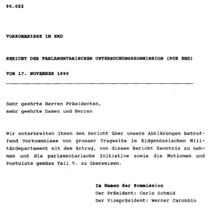 PUK-Bericht vom 17.
                          November 1990 �ber die UNA und die illegalen
                          Geheimdienste P26 und P27, Titelblatt