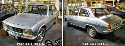 Ein silbriger oder grauer
                  Peugeot 504 mit seinen charakteristischen
                  "Augen" und den eher kleinen Lampen am Heck