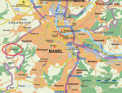 Karte der Region Basel mit
                  der UBS AG, dem Waisenhaus, wo Dutzende Kinder
                  verschwanden, sowie dem Restaurant Stab in Riehen und
                  Sch�nenbuch, St�tten des planm�ssigen Kindsmissbrauchs
                  bis hin zum Kindermord