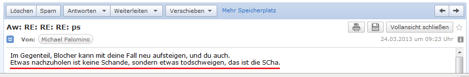 E-Mail an H. vom 24.3.2013
                  mit dem Vorschlag, Blocher soll nichts totschweigen
                  sondern kann mit dem Fall H. eine neue Karriere
                  machen
