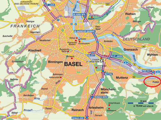 Karte der Region Basel mit
                Pratteln
