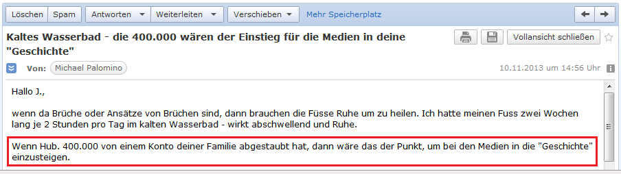 E-Mail an H. vom 10.11.2013:
                  Hubacher ist ein Dieb mit 400.000 Franken, und da
                  k�nnten die Medien nun in den Fall einsteigen