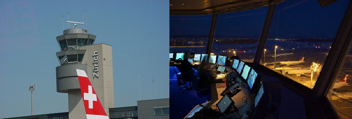 Der Kontrollturm
                            des Flughafens Z�rich-Kloten und Fluglotsen
                            bei Nacht