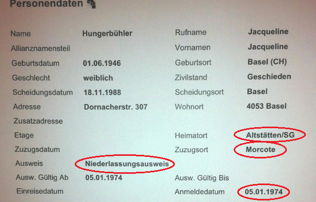 Falsche Personendaten �ber Frau
                                Jacqueline Hungerb�hler im Register des
                                kriminellen Kantons Basel-Stadt mit
                                Morcote etc.