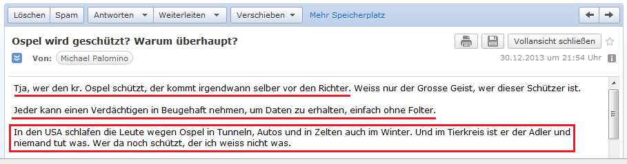E-Mail an H. vom
                    30.12.2013: Beugehaft gegen Ospel ist jederzeit
                    m�glich - und in den USA leiden 1000e Menschen unter
                    der kriminellen UBS AG und m�ssen in Tunneln, Autos
                    oder Zelten wohnen