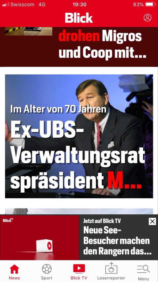 Der hyperkriminelle UBS-Bankier Marcel Ospel soll
              angeblich gestorben sein, Meldung vom BLICK vom 26.4.2020