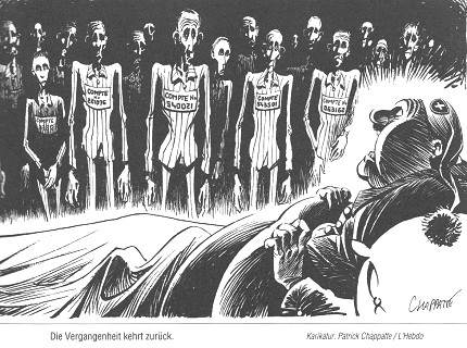 Foto 1 zoom: Skelette stehen in
                                Reih und Glied vor dem �berf�tterten
                                Schweinzerlein mit Sennenkappe