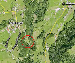 Karte von Fl�eli-Ranft mit der
                                Einsiedelei im roten Kreis
