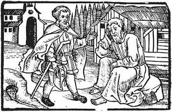 Holzschnitt: Klaus empf�ngt
                  Wallfahrer, Stumpff 1548