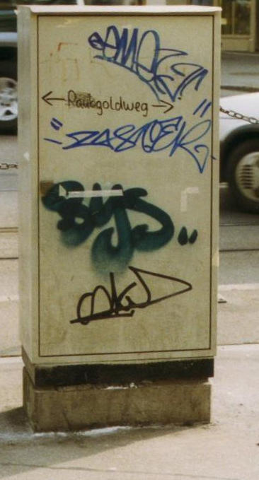 Grafiti: Raubgoldweg
                Bahnhofstrasse Z�rich, Detail