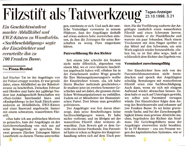 TA-Artikel zu Grafiti-Prozess: Filzstift als
                  Tatwerkzeug