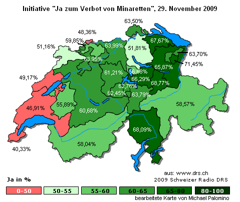 Karte der
                        Abstimmungsresultate der Initiative "Ja zum
                        Verbot von Minaretten" vom 29. November
                        2009