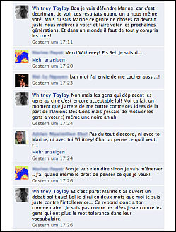 Whitney Toyloy emp�rt sich auf Facebook �ber die
                  SVP als "Union der Vollidioten" ("Union
                  des Cons") (Bildmitte)