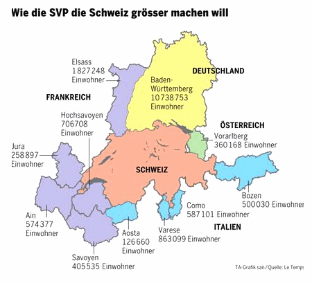 Karte der Schweiz mit den
                  Nachbarsgebieten, wo die Volksstimmung mehrheitlich
                  f�r einen Beitritt zur Schweiz ist [1]