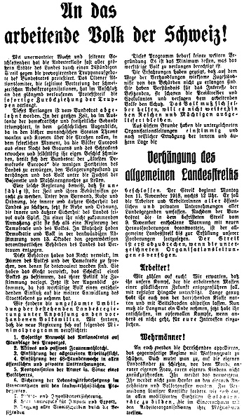 Flugblatt des Oltener Komitees mit dem
                        Aufruf zum �allgemeinen Landesstreik� vom 10.
                        November 1918 mit dem Titel "An das
                        arbeitende Volk der Schweiz!" [7]