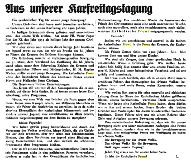 L�chingers Rede zum
                        Karfreitag 1933 mit der Beschw�rung der Bindung
                        durch das "Blut Christi" und mit der
                        Ank�ndigung des "F�hrers" Weder [2]
