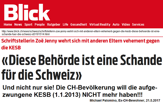 Zo� Jenny: Die kriminelle KESB
                                    ist eine Schande f�r die Schweinz.
                                    Und nicht nur sie! Die
                                    CH-Bev�lkerung will die
                                    aufgezwungene KESB (1.1.2013) NICHT
                                    mehr haben!!!