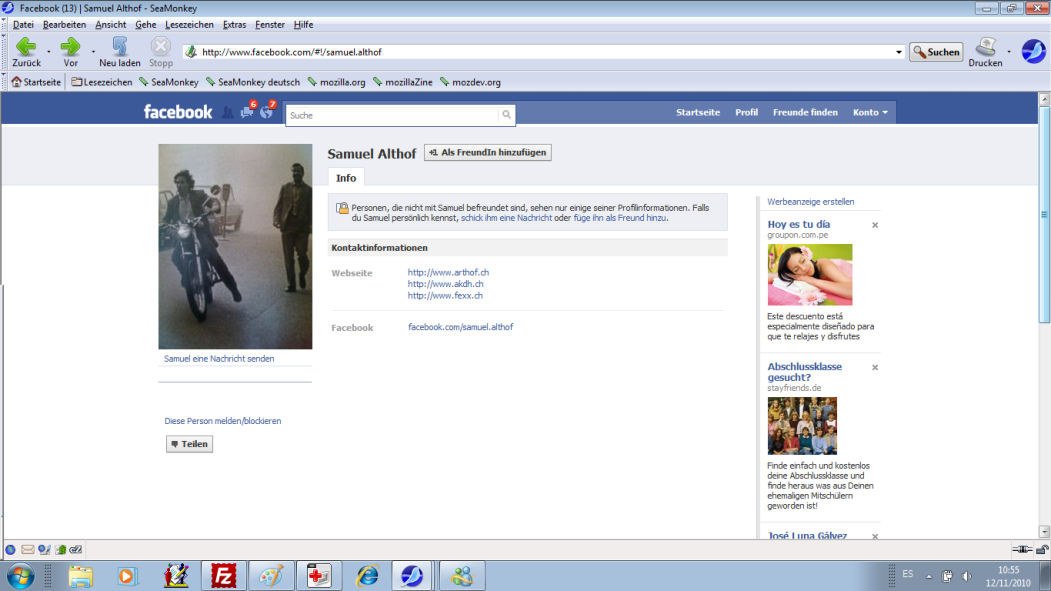 Samuel Althof bei Facebook als T�ffraser, November
                2010