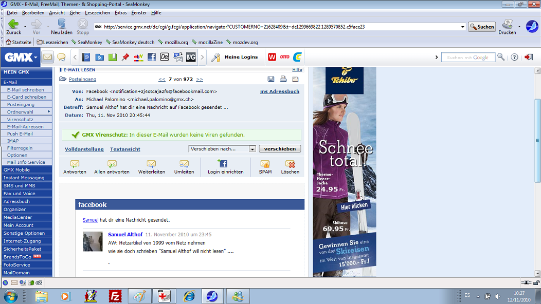 Facebook-E-Mail von Samuel Althof vom 11. November
                2010: "Samuel Althof will nicht lesen"