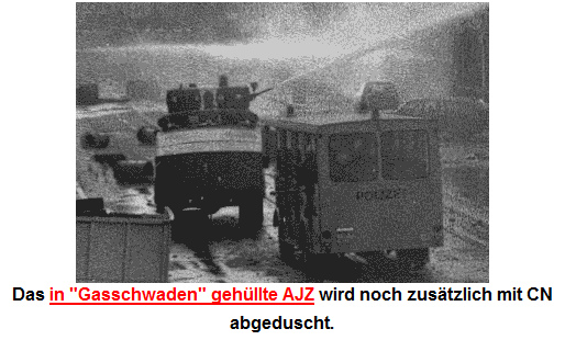 A
                          "traditional" manner of fight of
                          criminal bully police of Zurich: AJZ Zurich is
                          fogged with tear gas and is
                          "showered" with tear gas water with
                          CN in it