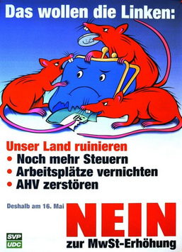 The poster of Nazi
                          SVP against rise of VAT in 2004 was showing
                          red rats attacking the Socialists