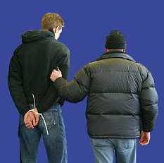 FCB soccer fan chained by bully
                          police (Nazis in blue) with cable ties,
                          Zurich, December 5, 2004