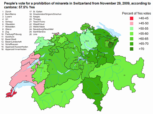 Swiss map with the people's vote
                                about minarets with 57.5% Yes for a
                                prohibition of minarets, November 29,
                                2009
