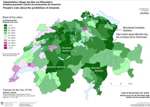 Swiss map with the people's vote
                              about minarets with 57.5% Yes for a
                              prohibition of minarets according to
                              counties, November 29, 2009