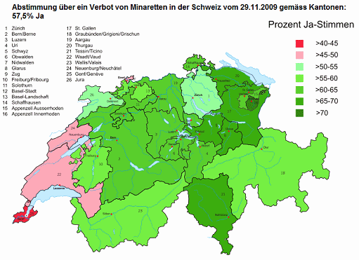 Swiss map with the people's vote about
                            the prohibition of minarets from November
                            29, 2009 according to cantons with 57% Yes