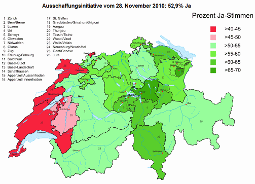 Map of Switzerland with the result of
                            the deportation initiative of November 28,
                            2010 according to cantons: 52.95% Yes and
                            "R�sti ditch"