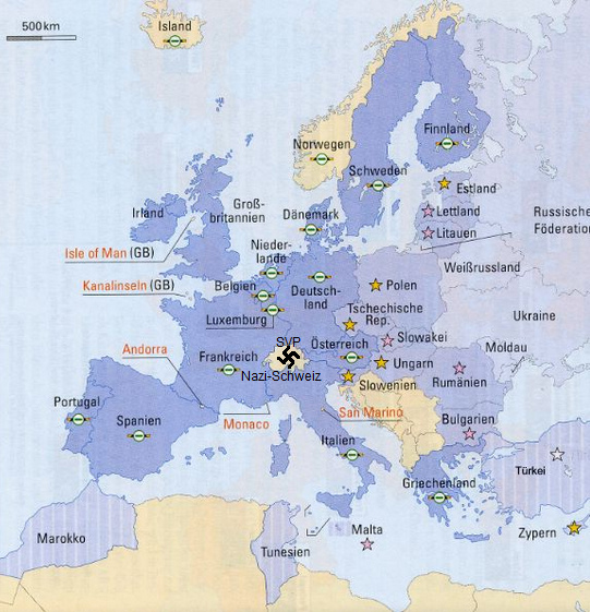 Map of Europe with EU and Nazi Switzerland with a
              clear SVP swastika because of the propaganda against
              groups of humans for 20 years now