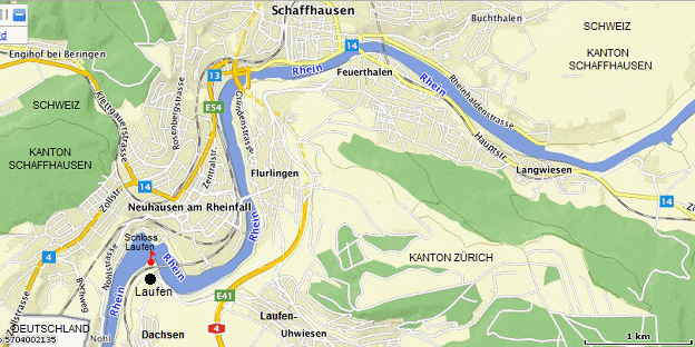 Karte mit Schaffhausen und
                    Laufen-Uhwiesen und dem Schloss Laufen