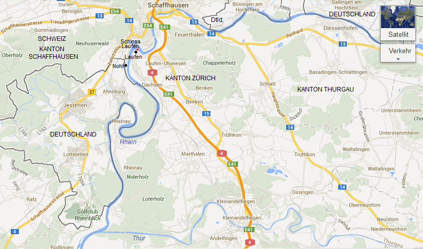 Karte mit Schaffhausen,
                    Laufen-Uhwiesen und Ossingen