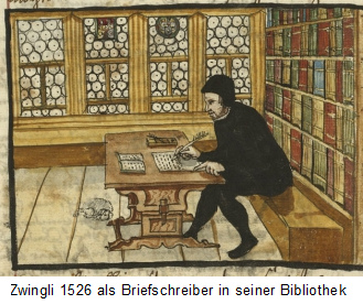 Zwingli writing
              a letter in 1526