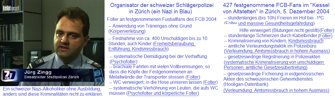 Chief operator J�rg Zingg
                    from Zurich bully police "organized" the
                    pocket of Altstetten on December 5, 2004 [8] - with
                    masses of torture and even child abuse inclusive
                    (thus he is a child abuser). This type is not aware
                    of any guilt but is behaving like a police chief of
                    the Third Reich. Thus this J�rg Zingg must be an
                    alcoholic who cannot realize any more what he is
                    provoking.