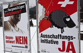 Criminal SVP posters for deportation
                            initiative with an "Ivan" who will
                            be a Swiss in combination with the poster
                            with the black sheep