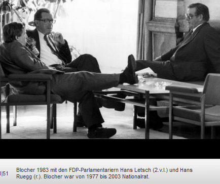 Racist Christoph Blocher as a "national
                    deputy" with his shoe on the table in 1983 with
                    other national deputies Letsch and R�egg