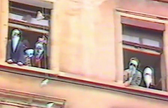 Squatting of Baden Street N� 2 with bird masks
                in the windows, Zurich 1983 appr.