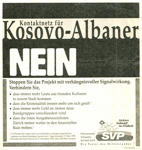 Das Zeitungsinserat
                            "Kontaktnetz f�r Kosovo-Albaner
                            Nein" mit der pauschalen Hetze gegen
                            Kosovo-Albaner und alle Ex-Jugoslawen, 1998