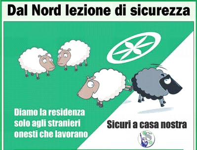 Plakat mit einem
schwarzen Schaf der Lega Nord in Italien Plakat mit einem schwarzen
Schaf der Lega Nord in Italien