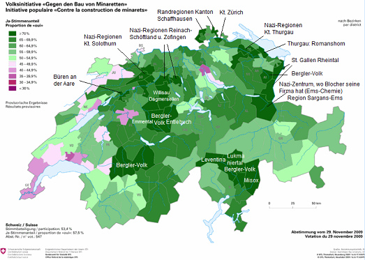 Schweizer Karte mit der Minarettabstimmung
                        vom 29.11.2009 gem�ss Bezirken mit 57,5% Ja